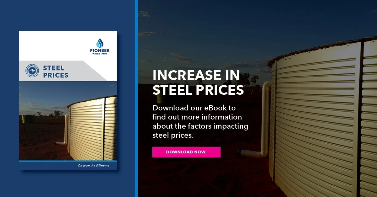 Download - Steel Prices ebook ad - 628hx1200w | Pioneer Water Tanks (SA)
